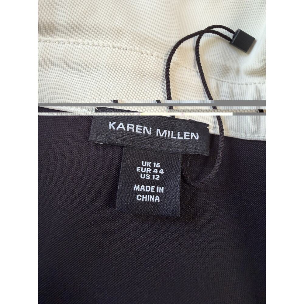 NWOT Karen Millen Belted Twill Dress Black Cream Piping Puff Sleeve US 12 - Picture 4 of 5